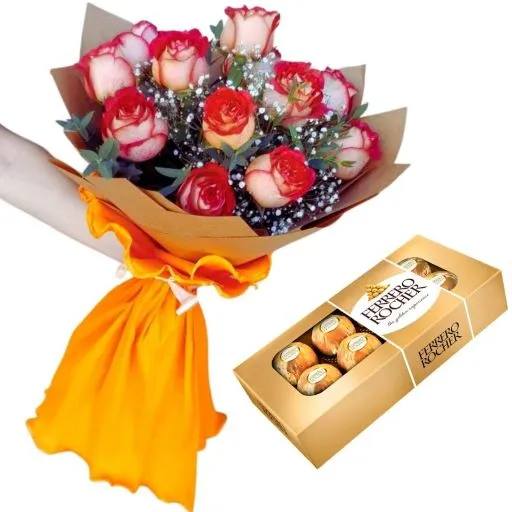Ramo de rosas bicolor importadas con chocolate rocher